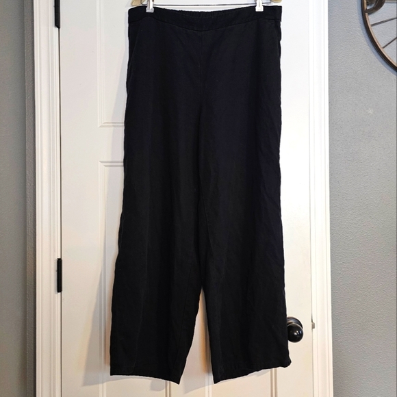 Eileen Fisher Wide Leg Pants Elastic Waist Size Large Black Side Zip Pockets - Picture 2 of 11